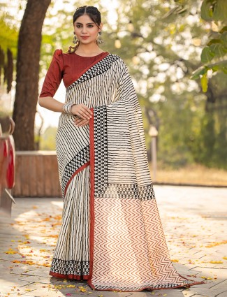 Bhagalpuri silk printed off white saree