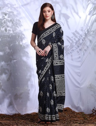 Printed black and blue bhagalpuri silk saree
