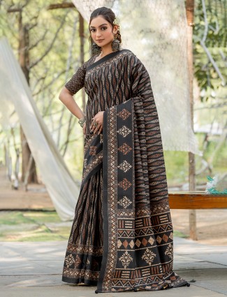Black cozi silk saree with print