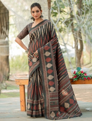 Black printed cozi silk saree for festival