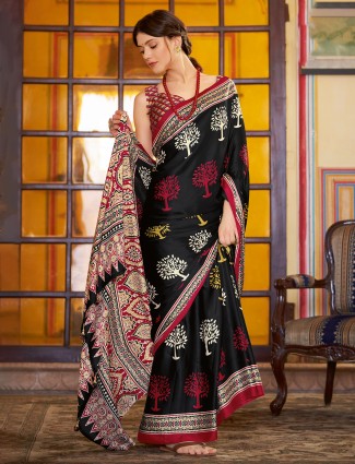 Black japan silk ajrakh printed saree