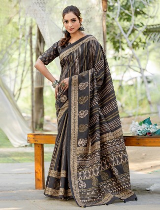Black cozi silk printed saree for festive wear