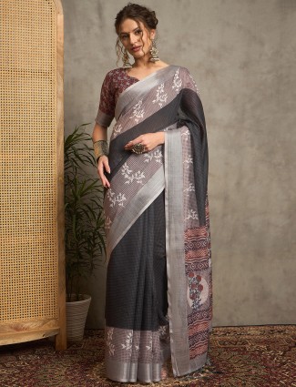 Black pure linen saree with printed