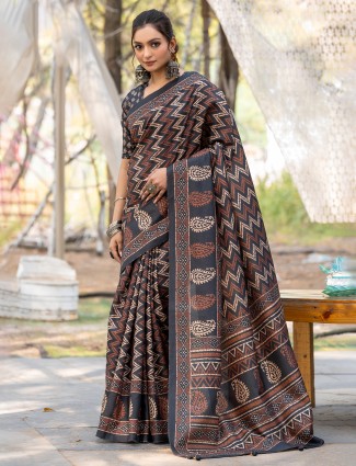 Black festive wear printed cozi silk saree