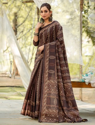 Brown printed cozi silk saree