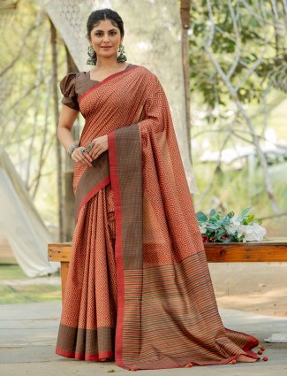 Brown kozi silk printed saree