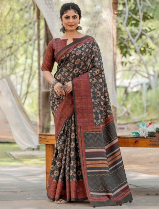 Charcoal black printed saree in kozi silk