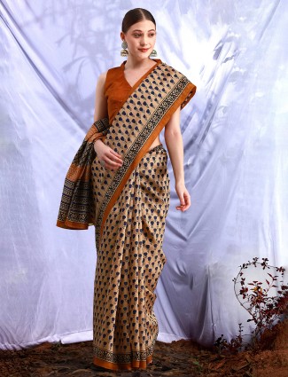 Cream and navy bhagalpuri silk printed saree