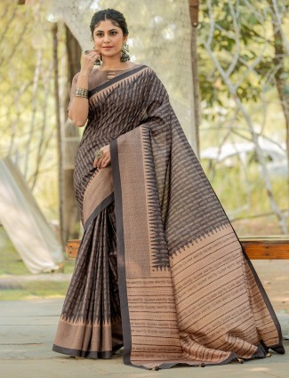 Dark grey kozi silk printed saree