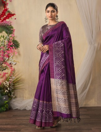 Dark purple shynthetics printed saree