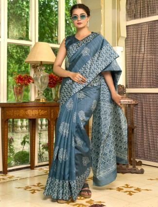 Grey bhagalpuri silk saree with print