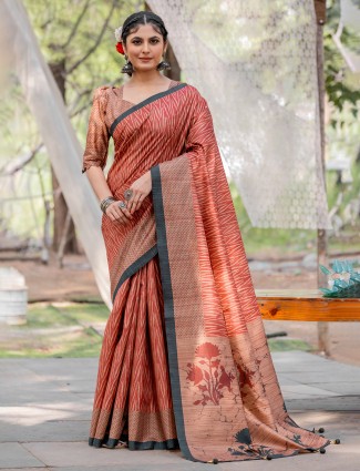 Light brown printed saree in kozi silk