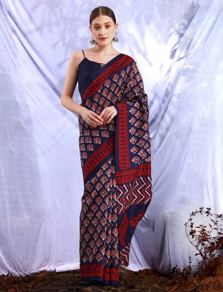 Navy and red bhagalpuri silk printed saree