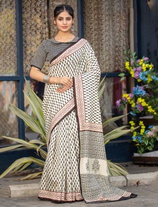 Off white bhagalpuri silk saree with classic print