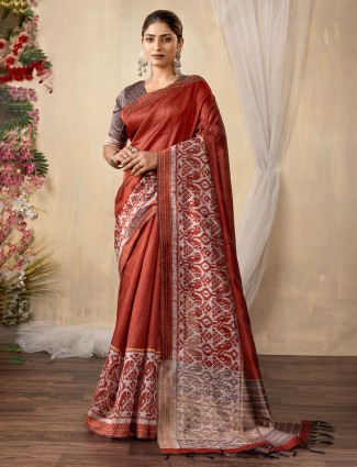 Pastel brown printed saree in shynthetics