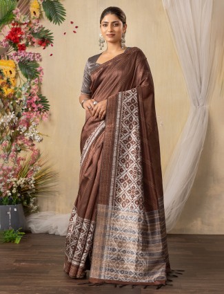 Pastel coffee printed saree in shynthetics