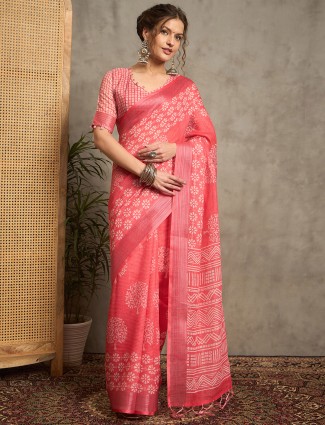 Pink pure linen printed saree