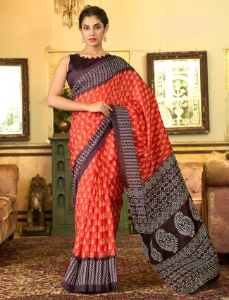 Pastel brown printed bhagalpuri silk saree