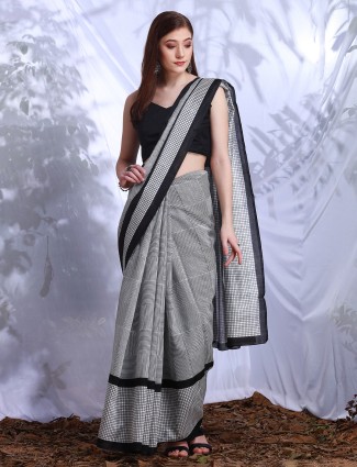 Printed white and black saree in bhagalpuri silk