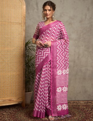 Purple printed saree in pure linen
