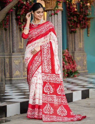 Red and white bhagalpuri silk printed saree