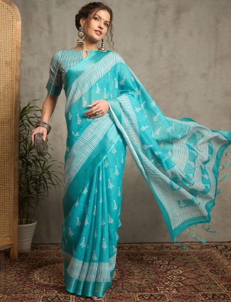 Sky blue pure linen printed saree