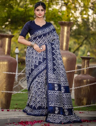 Navy bhagalpuri silk saree with prints