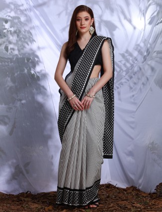 White and black bhagalpuri silk printed saree