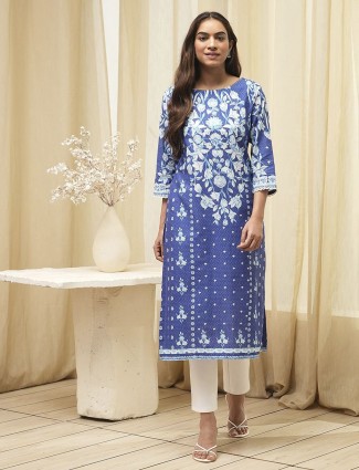 Blue printed cotton kurti for casual