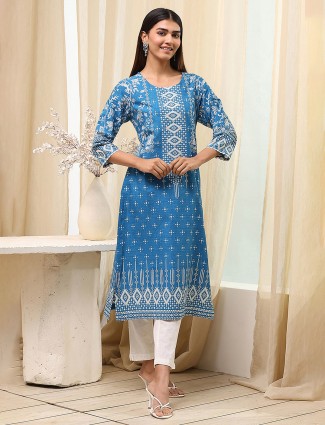 Blue silk casual kurti with printed
