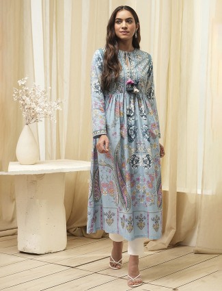 Light blue printed silk kurti