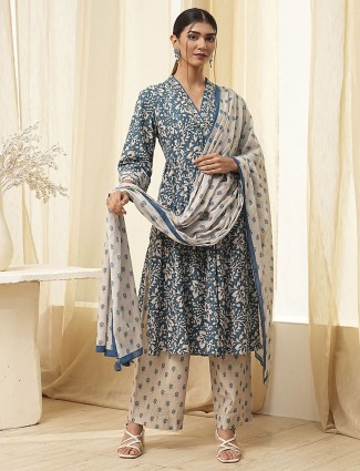 Indigo blue cotton silk printed kurti set