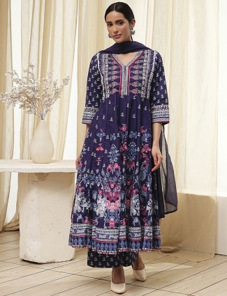 Navy printed palazzo set in cotton silk
