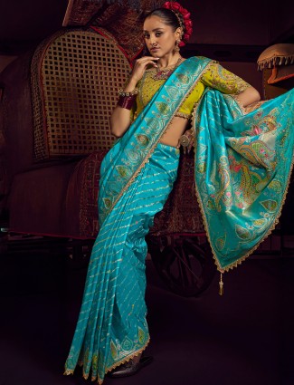 Aqua zari worked saree in silk