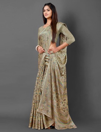 Beige pashmina silk saree with attractive print