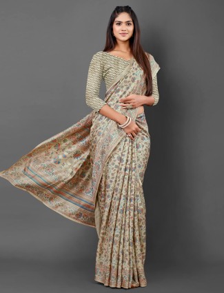 Beige printed saree in pashmina silk