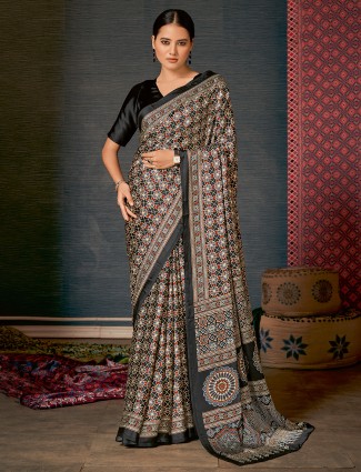 Crepe ajrakh printed saree in black
