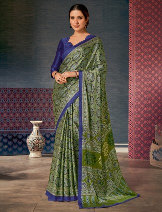 Blue and green crepe printed saree