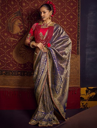 Blue wedding wear silk saree with zari worked
