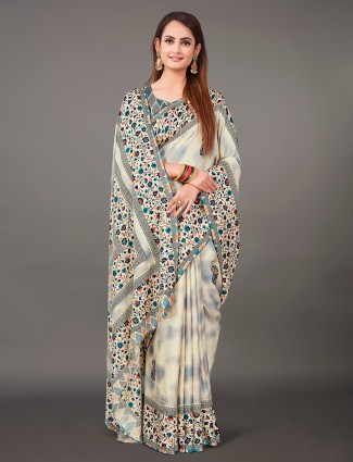 Cream and blue pashmina silk printed saree