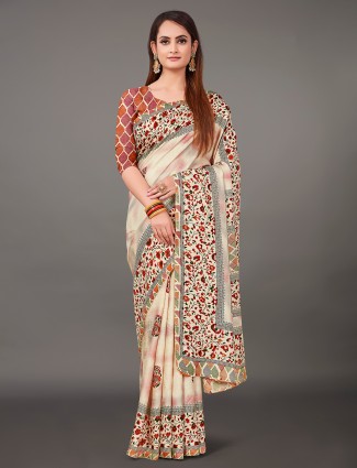 Cream and brown saree in pashmina silk