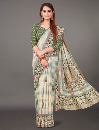 Cream and green printed pashmina silk saree