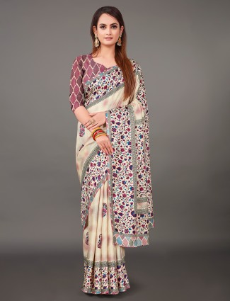 Cream and wine pashmina silk saree