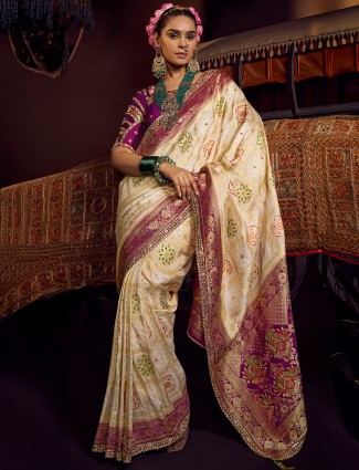 Cream wedding wear silk saree
