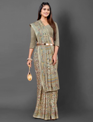 Dark Beige pashmina silk saree with print