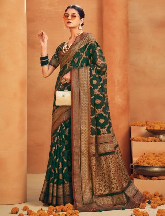 Green saree with zari border in georgette