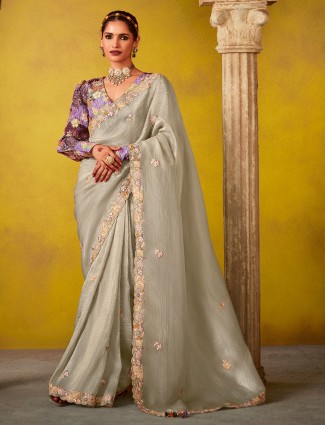 Grey festive wear saree in tissue silk