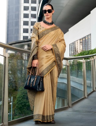 Beige printed saree in linen tissue silk