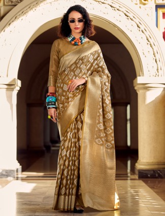 Khaki zari worked saree in tissue silk