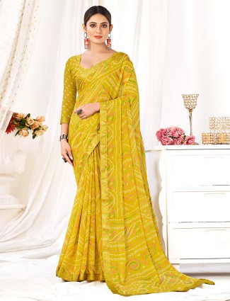 Mustard yellow bandhej printed chiffon saree